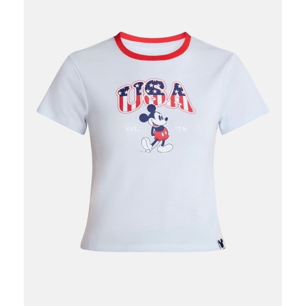Disney Mickey Mouse USA Ringer T-Shirt Light Blue Ribbed Graphic Womens  Medium